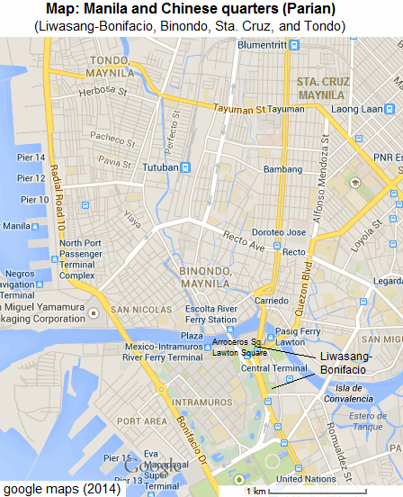 Map with the center of
                    Manila with Intramuros, Arreceros Square (Lawton
                    Square), Liwasang-Bonifacio and Binondo, Sta. Cruz ,
                    and Tondo