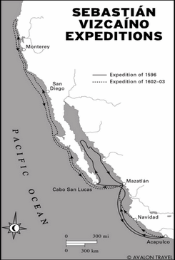 Karte der Expeditionen von Sebastian Viczaino, am
            Ende bis zur Bucht von San Francisco, Monterey etc.