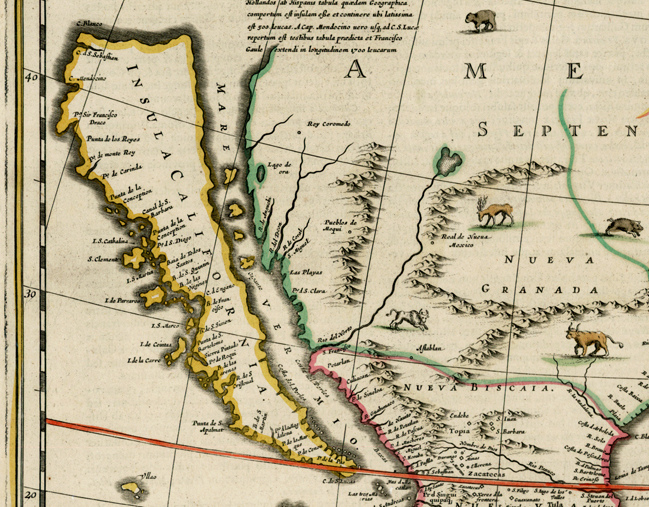 Karte von
              Nord-"Amerika" "America
              Septentrionalis" von Jn Jansson aus Amsterdam mit
              Niederkalifornien als grosse Insel, Grossaufnahme