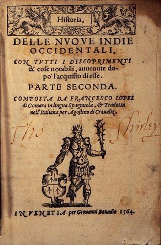 Francisco Lopez
                      de Gomara 1552: Historia, Titelblatt mit
                      Schlgertyp