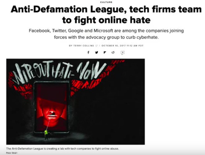 Artikel vom 10.10.2017: Die zionistische Anti
                  Defamation League kontrolliert und zensiert das
                  Internet, z.B. auf Facebook, Twitter und google