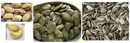 Seeds and pits, for
                        example pistachios, pine nuts, pumpkin seeds,
                        and sunflower seeds