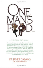 Das Buch von Vater James D'Adamo und Allan
                        Richards "One Man's Food" ("Jedem
                        Menschen sein Essen") von 1980, Buchdeckel