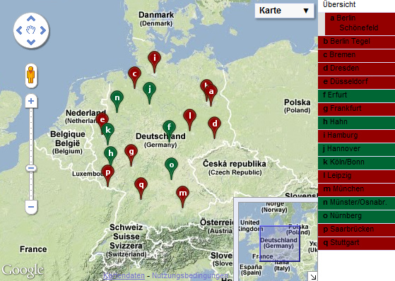 Karte mit den deutschen
                    Flughäfen mit Nachtflugverbot (rot) und ohne
                    Nachtflugverbot (grün)