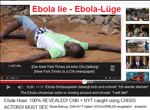 Vor dem Seiteneingang eines
                              "John-F-Kennedy-Spitals" bewegt
                              sich ein bezahlter Ebola-Schauspieler und
                              schreit "Ich werde sterben"