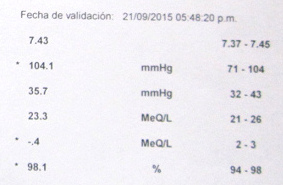 El reporte del laboratorio "Suiza
                  Lab" en Lima del 21 de septiembre 2015 con un
                  valor pH7,43 en la sangre