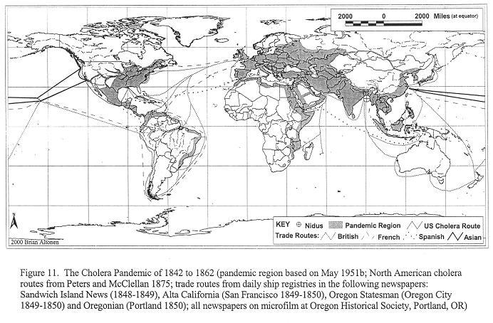 World map of cholera pandemia from 1842
                            to 1862 [9] with the indication of trade
                            routes of the different colonial countries