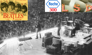 Beatles-Konzert mit Plakat und LSD-Pillen
                        von der Giftfarma La Roche in Basel, eine Firma
                        des Komitees der 300