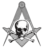 Freimaurer-Illuminaten-Symbol: Zirkel, rechter
                Winkel, und von Skull&Bones Totenkopf und Knochen