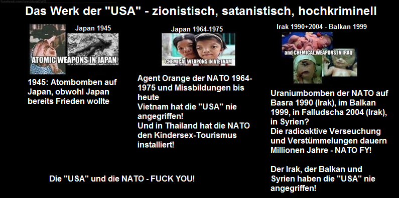 Die Opfer der "USA" mit
                              Atombomben in Japan 1945, mit der NATO
                              1964-1975 mit Agent Orange in Vietnam, und
                              mit Uraniumbomben im Irak, Querformat, 20.
                              Dezember 2014