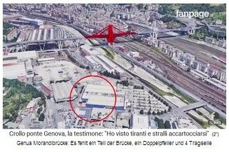 Zeitbombe Spaghetti-Morandi-Brcke in Genua,
              gesprengt am 14. August 2018 mit rot markiertem Teil