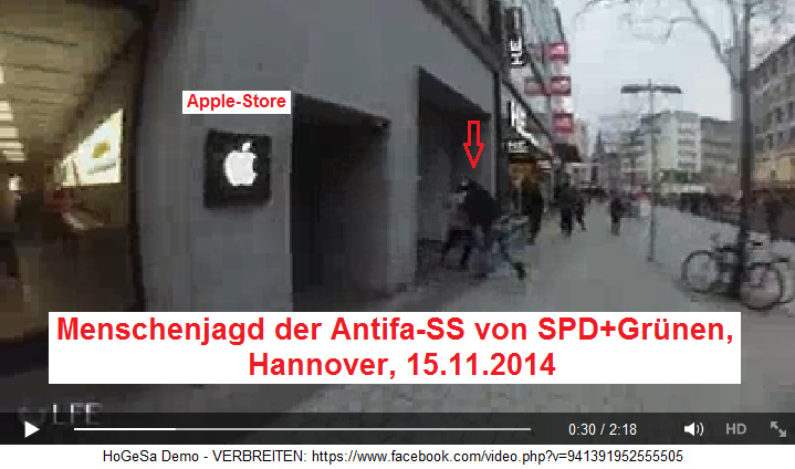 Menschenjagd der
                                        kriminellen Antifa-SS gegen
                                        unbewaffnete Fussballfans,
                                        Angriff auf ein Opfer beim Apple
                                        Store - Hannover, 15.11.2014