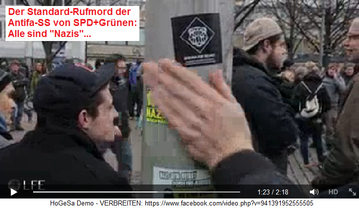 Der Standard-Rufmord der
                                  Antifa-SS, alles seien
                                  "Nazis" - Kleber
                                  "Nazifreie Zone" - Hannover,
                                  15.11.2014