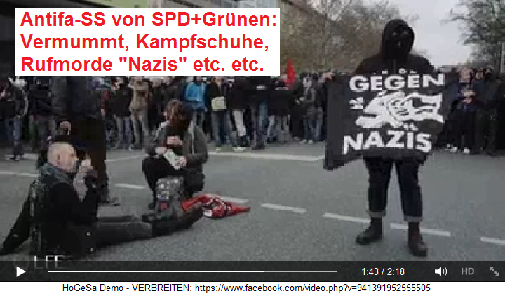Ein vermummter Antifa-Krimineller
                                  der Antifa-SS von SPD+Grünen mit
                                  Kampfschuhen und dem Rufmord auf
                                  seiner Fahne, alle, die nicht von
                                  seiner Gruppe sind, seien
                                  "Nazis" - Hannover,
                                  15.11.2014