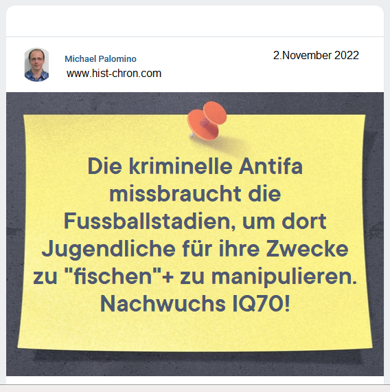 2.11.2022: Die kriminelle Antifa
                    missbraucht Fussballstadien, um dort Jugendliche fr
                    ihre Zwecke zu "fischen"+zu manipulieren.
                    Nachwuchs IQ70!