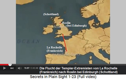 Karte mit der Flucht der Templer mit ihrem
                        Jesus-Fantasie-Extremismus von La Rochelle nach
                        Roslin in Schottland, Karte