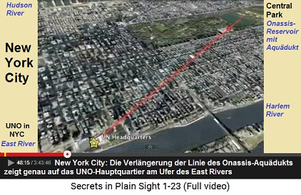 New York City: Die Verlngerung der Linie des
                    Onassis-Aqudukts zeigt genau auf das
                    UNO-Hauptquartier am Ufer des East Rivers