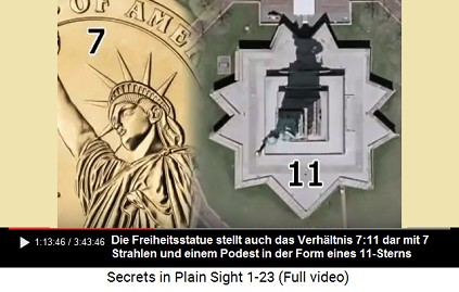 Die Freiheitsstatue mit 7 Strahlen am Kopf
                        und einem Podest in Form eines 11-Sterns stellt
                        auch das Verhältnis 7:11 dar
