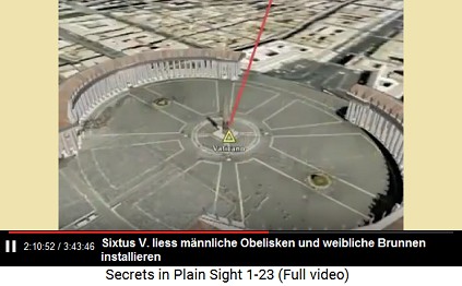 Der Vorplatz des Vatikans mit dem Obelisken
                      (männlich) und den beiden Schalenbrunnen
                      (weiblich)