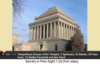 Washington DC: Das Tempelhaus
                                  (House of the Temple) mit 2 Sphinxen,
                                  33 Säulen, 33 Fuss hoch, und einer
                                  unvollendeten Pyramide auf dem Dach
                                  mit 13 Stufen etc. (ein Nachbau eines
                                  altgriechischen Mausoleums im
                                  ehemaligen Halikarnassos, heute
                                  Türkei)