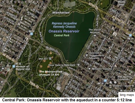 Central Park: Onassis Reservoir with aqueduct in
                  a counter line 5:12 proportion, bing maps