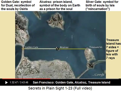 Map with Golden Gate Bridge, Alcatraz prison
                  island and Treasure Island, the symbol for the Silver
                  Gate