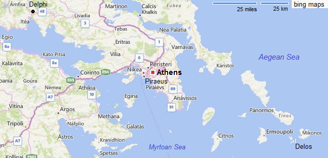 Mapa de Grecia con Atenas
                    y Delos