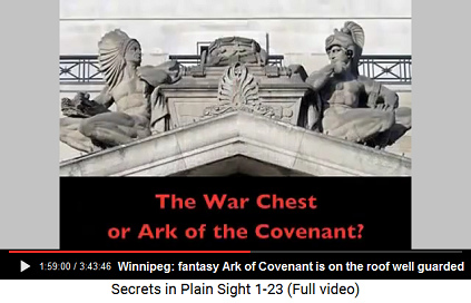 Winnipeg: Legislative Building with fantasy Ark
                    of Covenant being guarded by two warriors