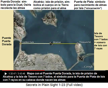 Mapa con el Puente Puerta Dorada, la isla de
                    prisin de Alcatraz y la Isla de Tesoro con 7 lados,
                    el smbolo para la Puerta de Plata de Isis con 7
                    rayos en su cabeza