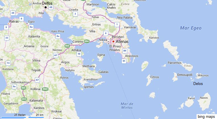 Mapa de Grecia con
                      Delfos, Atenas y Delos