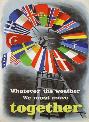 Marshall-Plan-Poster mit Windrad und
                        Flaggen. Ruinen gibt es nicht...
