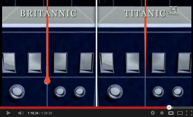 Dehnungsfugen der Britannic (mit Kugelende)
                    und der Titanic (mit spitzem Ende) im Vergleich