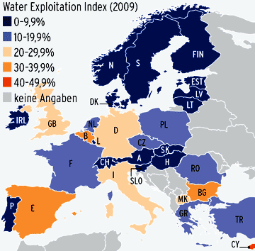 Wasserverbrauch in Relation zu den
                                erneuerbaren Wasserreserven, Karte von
                                Europa [4]