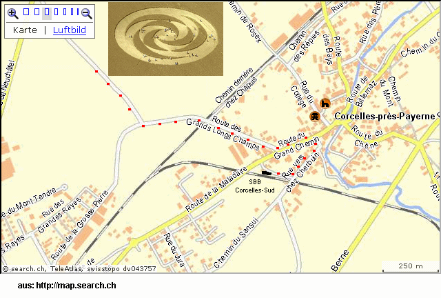 Karte von
                Corcelles bei Payerne, Weg zum Kornkreis vom 9.7.2007