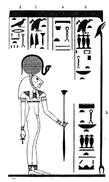 Gott
                          Bastet hlt ein Papyrusszepter; aus: G.
                          Wilkinson: The Manners and Customs of the
                          ancient Egyptians. London 1878