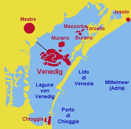 地图显示威尼斯泻湖的威尼斯和较为稳定的岛屿