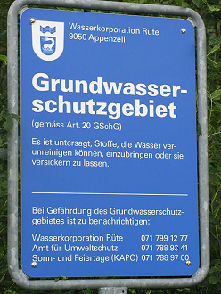 Board indicating groundwater
                              protected area in canton of Appenzell in
                              criminal Switzerland (orig. German:
                              Grundwasserschutzgebiet)