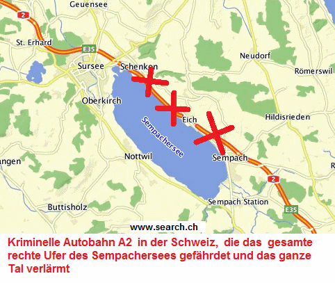 Abwsser, Unflle und Abgase der
                              Autobahn A2 gefhrden den Sempachersee in
                              der Schweiz, Karte