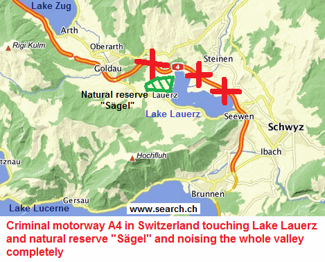 Sewage water, accidents and fumes
                              from motorway A4 endangering Lauerz Lake
                              with nature reserve "Sägel" in
                              criminal Switzerland, map