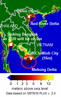 Vietnam loosing territories with a rise
                            of sea level by 1 m, map