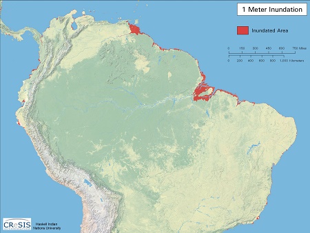 Peru, Ecuador, Kolumbien und
                              Brasilien, Gebietsverluste nach einem
                              Anstieg des Meeresspiegels um 1m, Karte