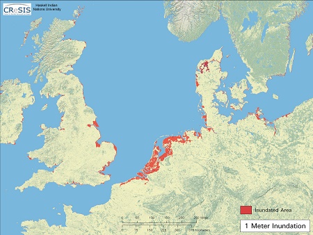 Deutschland, Holland, England,
                              Dänemark, Norwegen und Schweden,
                              Gebietsverluste nach einem Anstieg des
                              Meeresspiegels um 1m, Karte