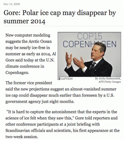 Al Gore behauptete, die
                                            Arktis-Eisdecke würde 2014
                                            verschwunden sein