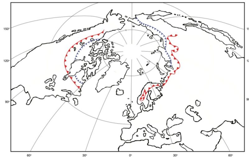 Abbildung 13. Die kleineren blauen Dreiecke
                      sind die Grenzen des nördlichsten Waldes vor 4000
                      Jahren während des holozänen Klimaoptimums; die
                      größeren roten Dreiecke sind die heutigen Grenzen.
                      Offensichtlich war das Klima im Holozän
                      ausreichend wärmer als heute, so dass die Wälder ~
                      200 Meilen weiter nördlich existieren konnten.
                      Umgezeichnet aus Abbildung 46 von (Lamb)