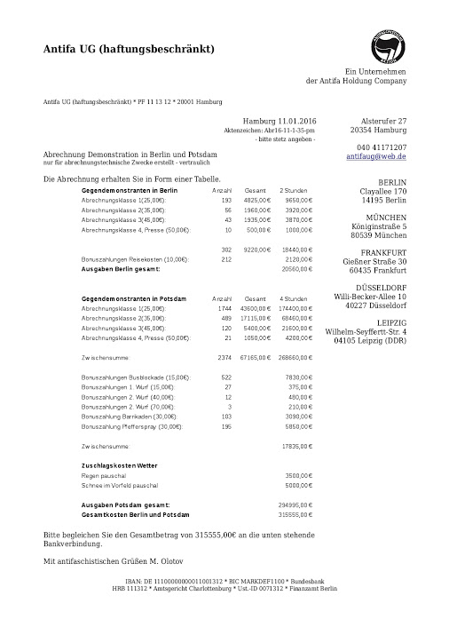 Die Abrechnung
                              der kriminellen Antifa, 315.555 Euro fr
                              zwei Gegendemonstrationen