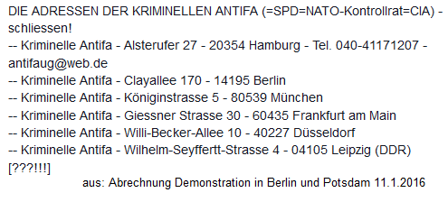 Antifa-Adressen: Diese
                          Brorumlichkeiten sollten sofort geschlossen
                          werden, denn von hier aus wird der Terror der
                          Antifa organisiert