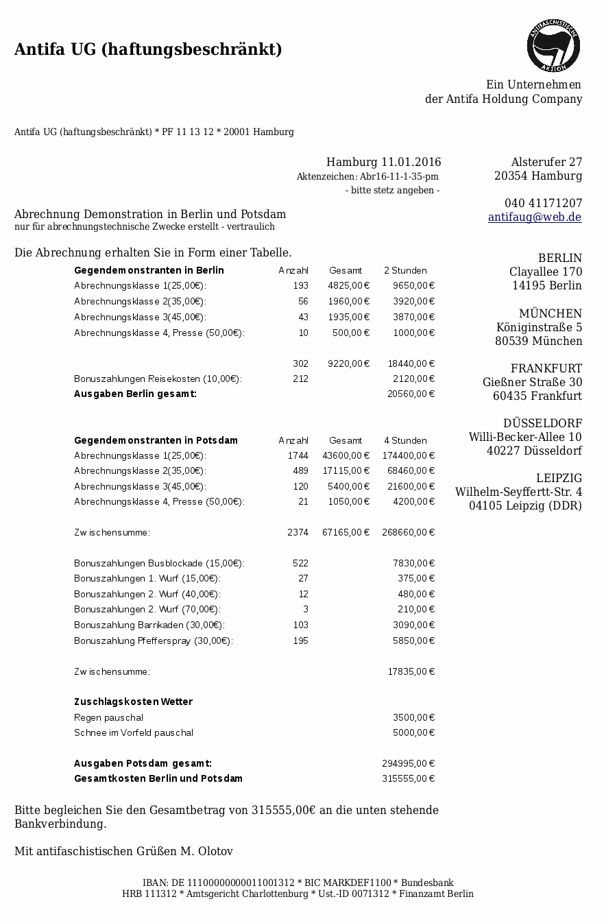 Eine Abrechnung der kriminellen
                          NATO-Antifa fr 2 Gegendemonstrationen ber
                          315.555 Euro vom 11. Januar 2016
