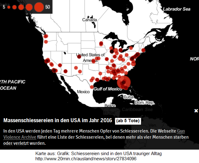 Karte der kriminellen
                      "USA" mit den Massenschiessereien ab 5
                      Toten 1.1. bis 18.6.2016