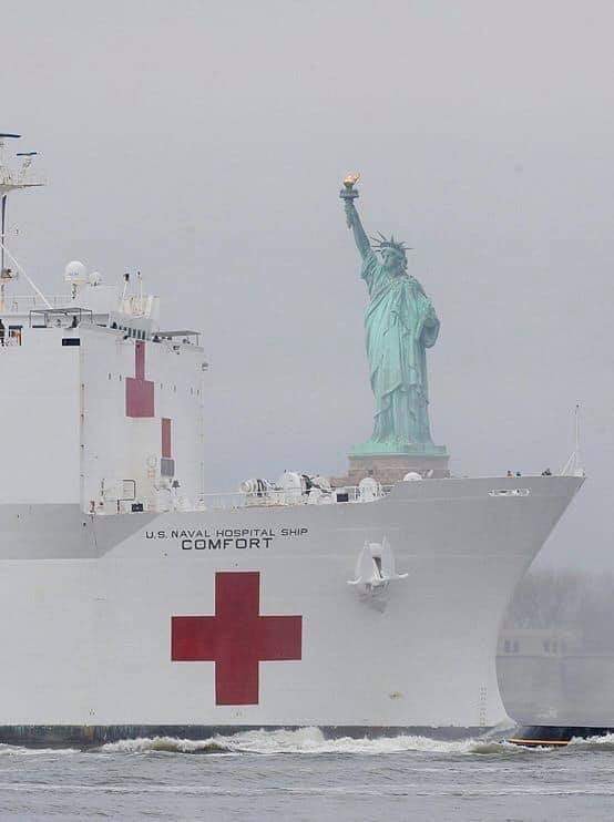 Das Spitalschiff Comfort ohne Fenster
                    im Rumpf passiert die "Freiheitsstatue" in
                    New York