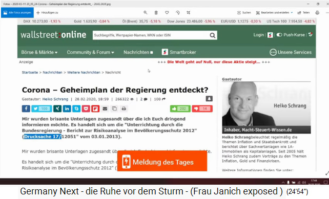 28.2.2020: Heiko Schrang
                            meldet in wallstreet online: Die Drucksache
                            17/12051 vom 3.1.2013 der Merkel-Regierung
                            schildert einen Corona-Geheimplan der
                            deutschen Regierung